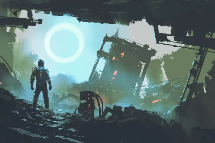 dystopian scene showing futuristic man standing in ruined city comics and collectibles from comicave